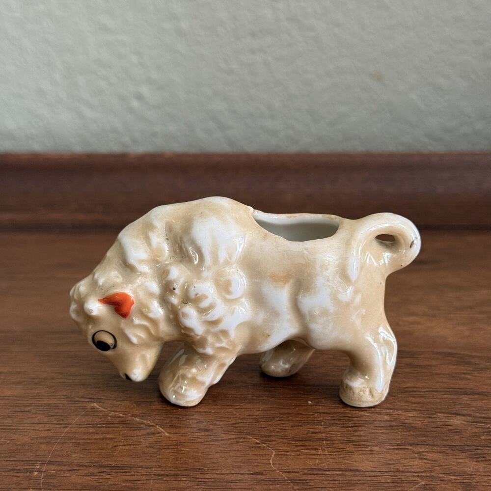 Vintage Japan Bull Toothpick Holder Ceramic White and Tan Glaze